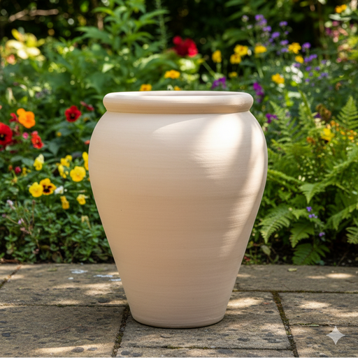 Beige ceramic urn on a stone surface with a garden background