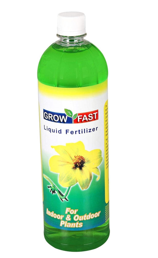 Bottle of Grow Fast liquid fertilizer with a white cap on a white background