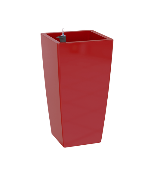 Red tall rectangular planter with a small opening on a gray background